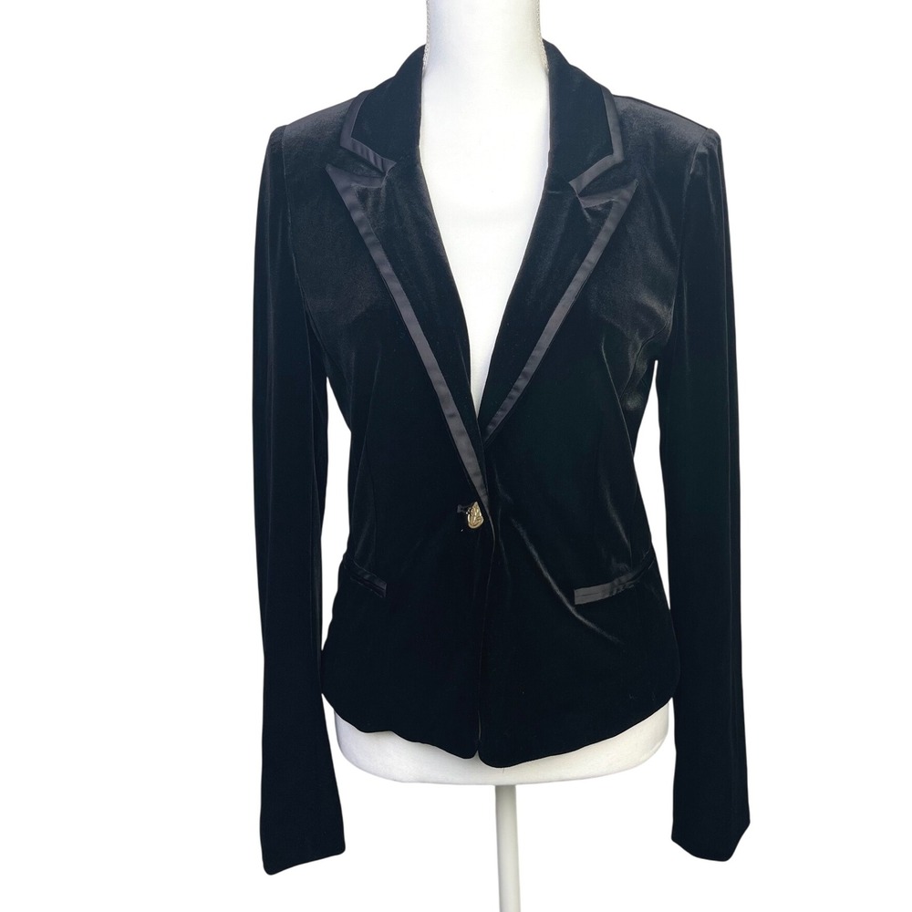 Draper James RSVP Black Velvet Blazer Jacket‎ Button Front Satin Trim Size S